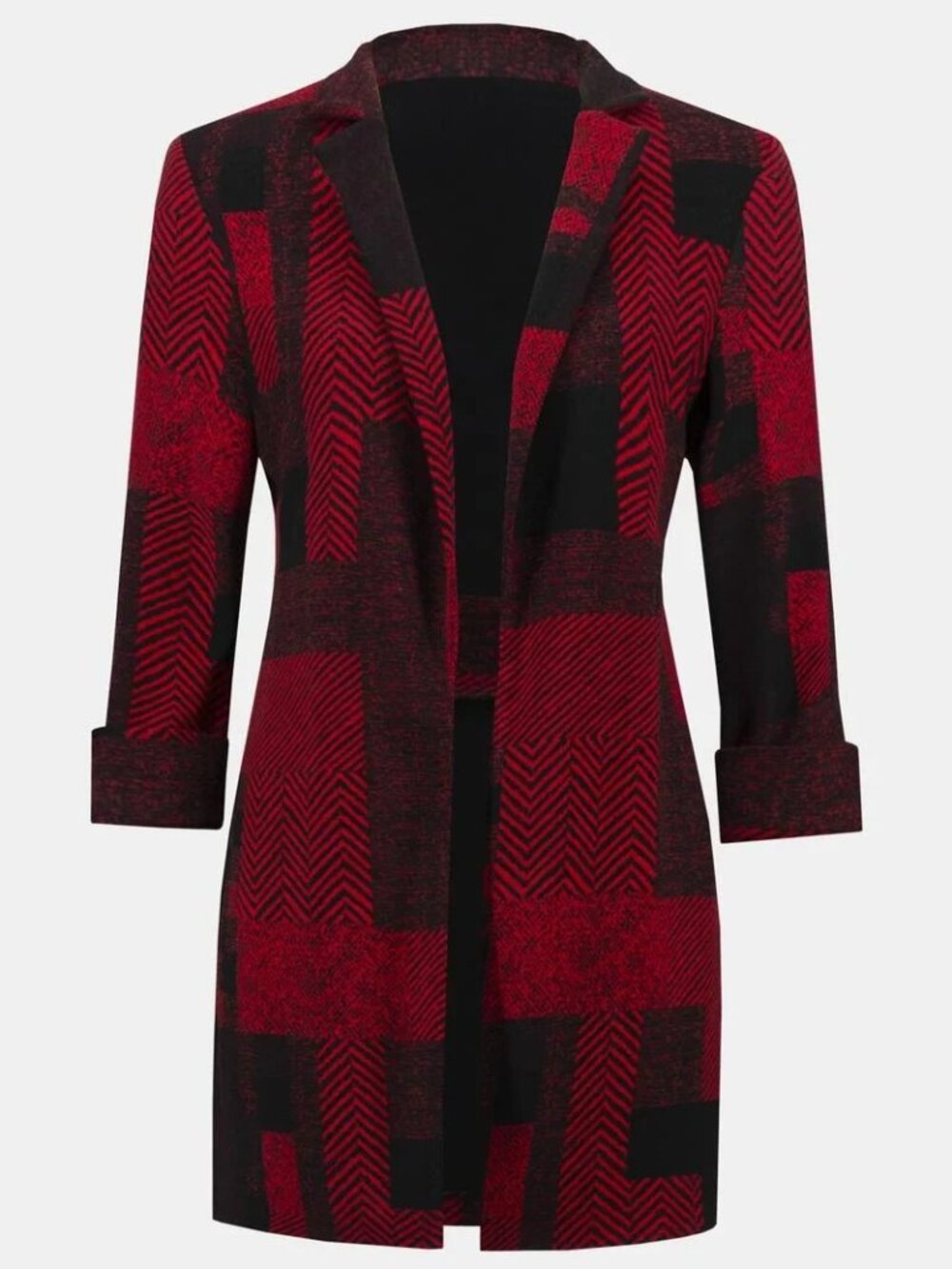 Joseph Ribkoff Womens Knit Blazer Red Black Size 10 3/4 Sleeves Patchwork Plaid